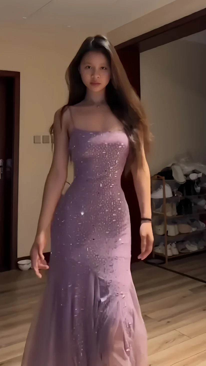 Elegant Purple Mermaid Off-shoulder Strap Sequin Chiffon Long Prom Dress Evening Dress