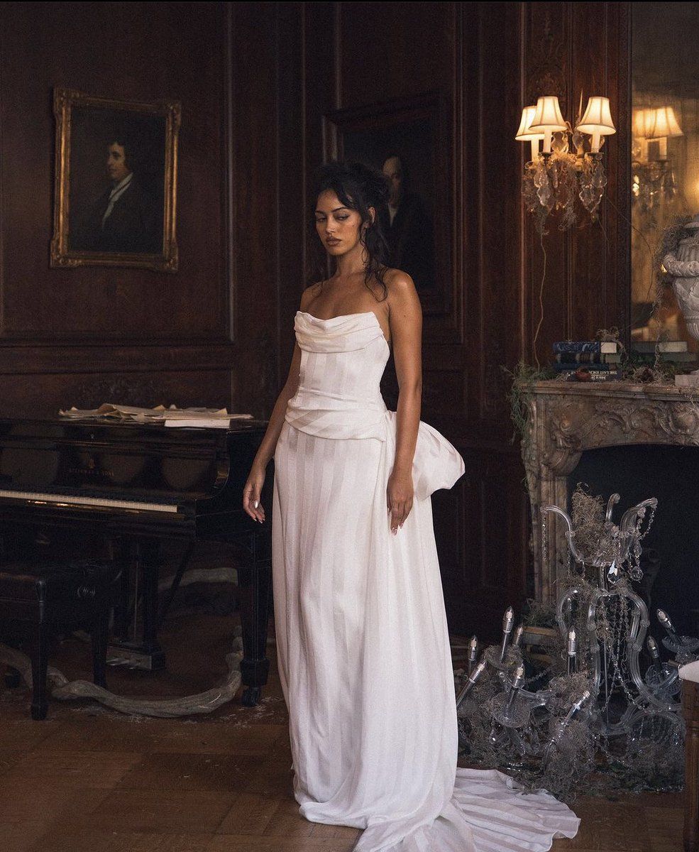 Vintage White Strapless Bow Tie Satin Train Evening Dress Wedding Dress