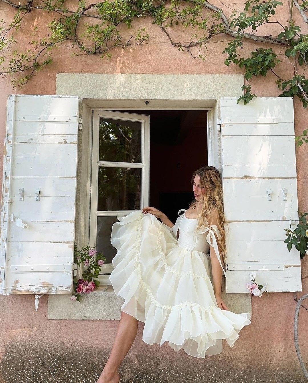 Sweet Ivory A-line Square Neckline Bow Strap Ruffled Chiffon Tea-length Prom Dress