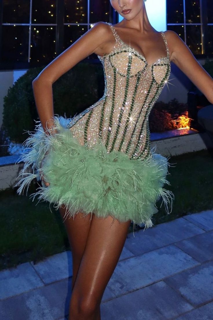 Luxury Mint Green Diamond Feather Skirt Slim Fit 17th Birthday Homecoming Dress