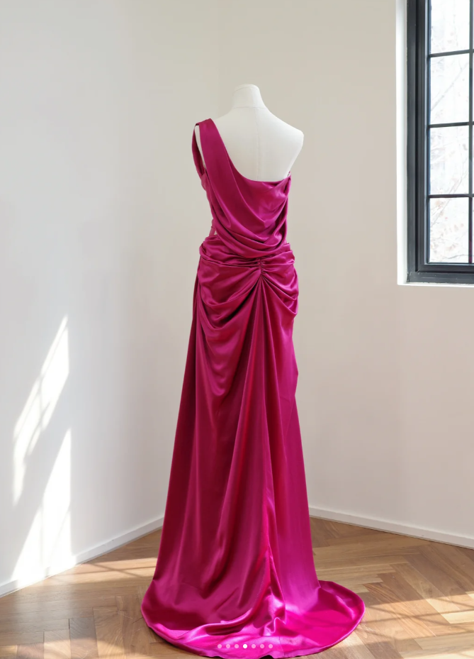 Charming One Shoulder Satin Pleated Mermaid Long Party Dress Hot Pink Wedding Guest Dress