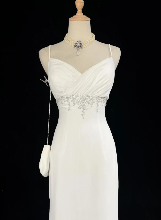 Classy Spaghetti Strap White Tulle Satin Beaded Mermaid Evening Dress Long Wedding Guest Dress