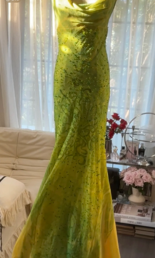 Chic Ombre Green Chiffon Beaded Mermaid Long Party Dress Formal Birthday Prom Dress