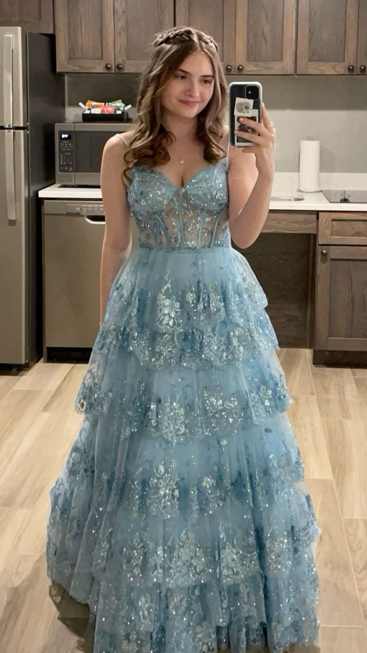 Dreamy Blue A-line Strappy V-neck Ruffled Sequined Tulle Long Prom Dress Evening Dress