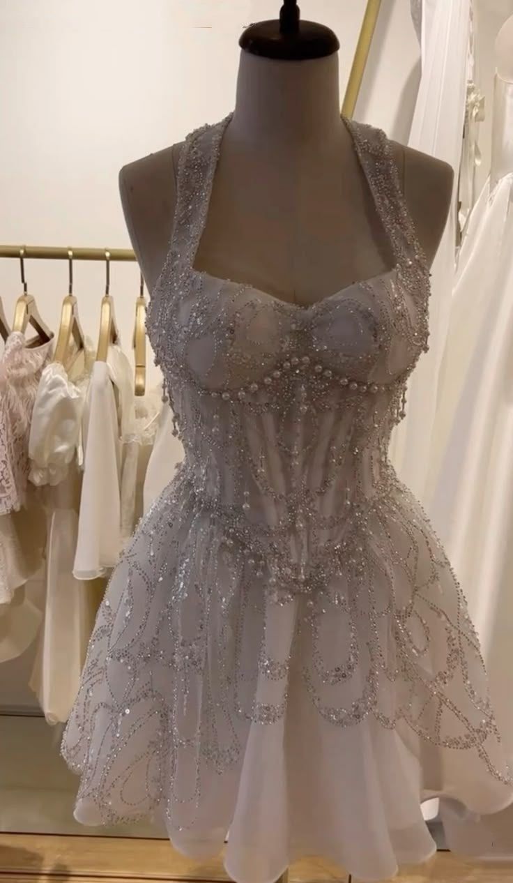 Princess Silver-white Halter Neck Beaded Tulle A-line 16th Birthday Homecoming Dress