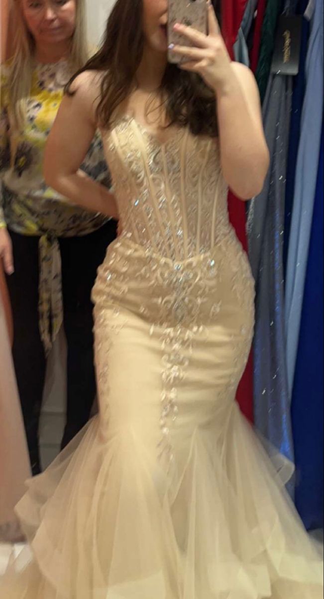 Elegant Pale Yellow Mermaid V-neck Embroidered Tulle Train Prom Dress Evening Dress