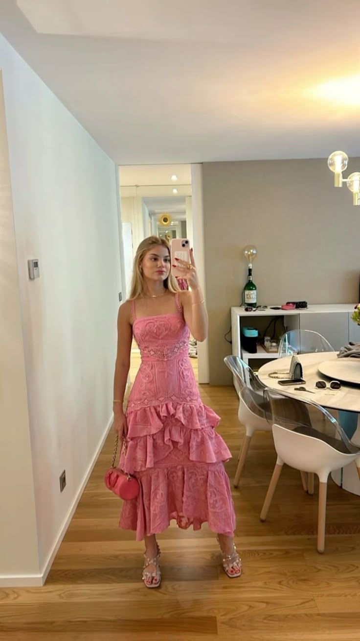 Sweet Pink A-line Thin Strap Square Neck Pattern Ruffle Lace Ankle-length Prom Dress Evening Dress