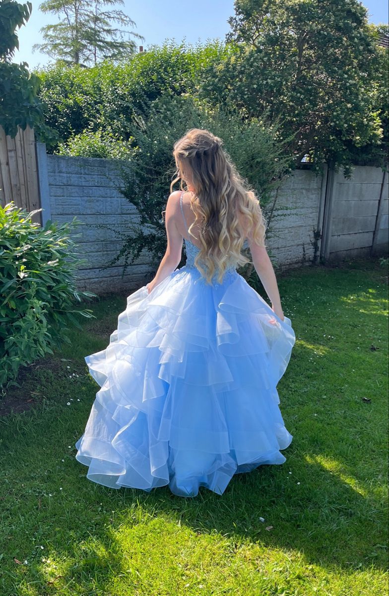 Sweet Light Blue A-line V neck Layered Tulle Long Prom Dress Evening Dress