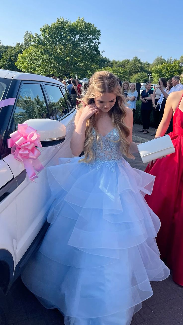 Sweet Light Blue A-line V neck Layered Tulle Long Prom Dress Evening Dress