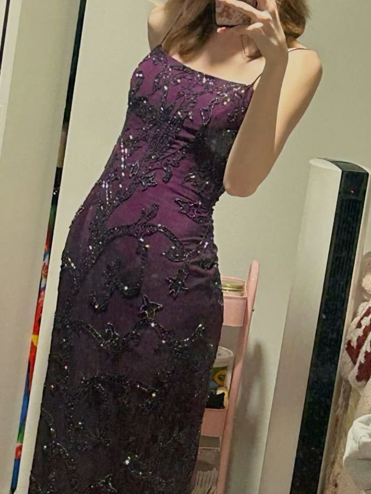 Vintage Deep Purple Mermaid Square Neck Embroidered Slit Long Prom Dress Evening Dress