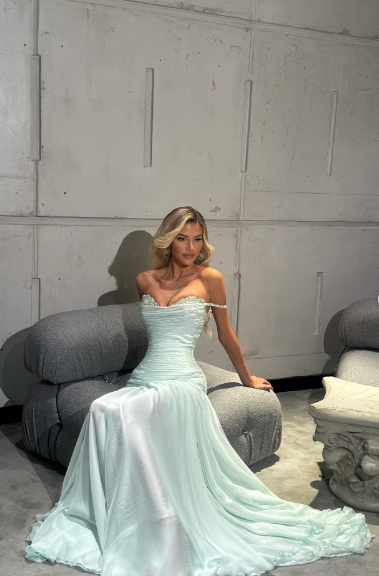 Elegant Mint Green A-line Off-shoulder Chiffon Long Prom Dress Evening Dress Bridesmaid Dress