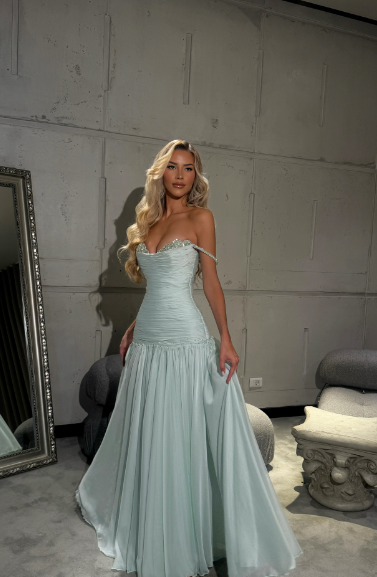 Elegant Mint Green A-line Off-shoulder Chiffon Long Prom Dress Evening Dress Bridesmaid Dress