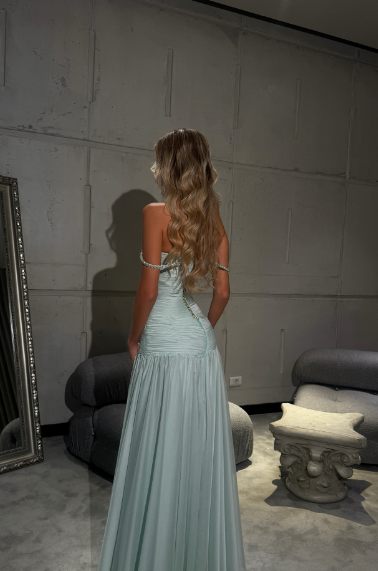 Elegant Mint Green A-line Off-shoulder Chiffon Long Prom Dress Evening Dress Bridesmaid Dress
