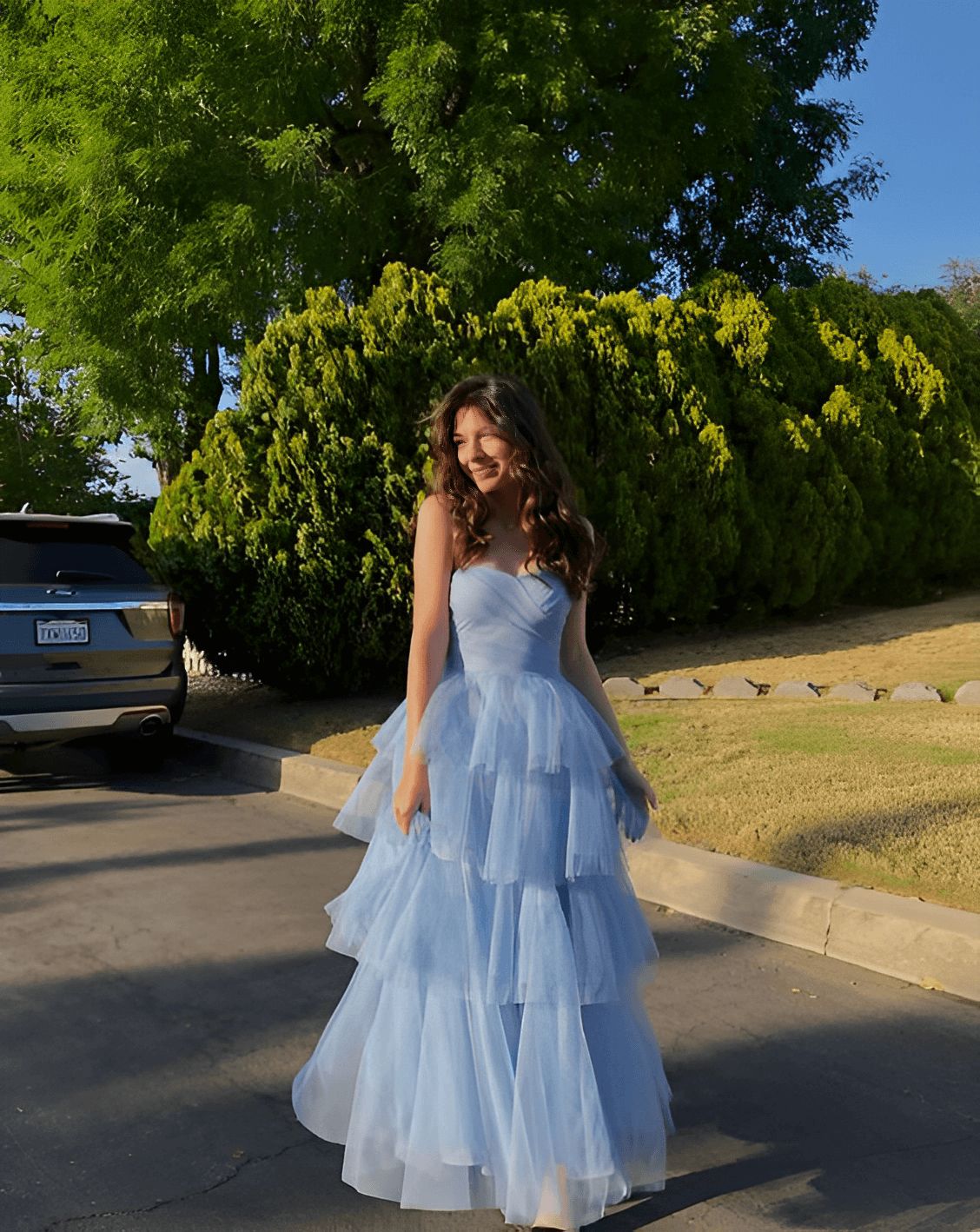 Elegant Blue A-line Strapless Layered Tulle Long Prom Dress Evening Dress Bridesmaid Dress
