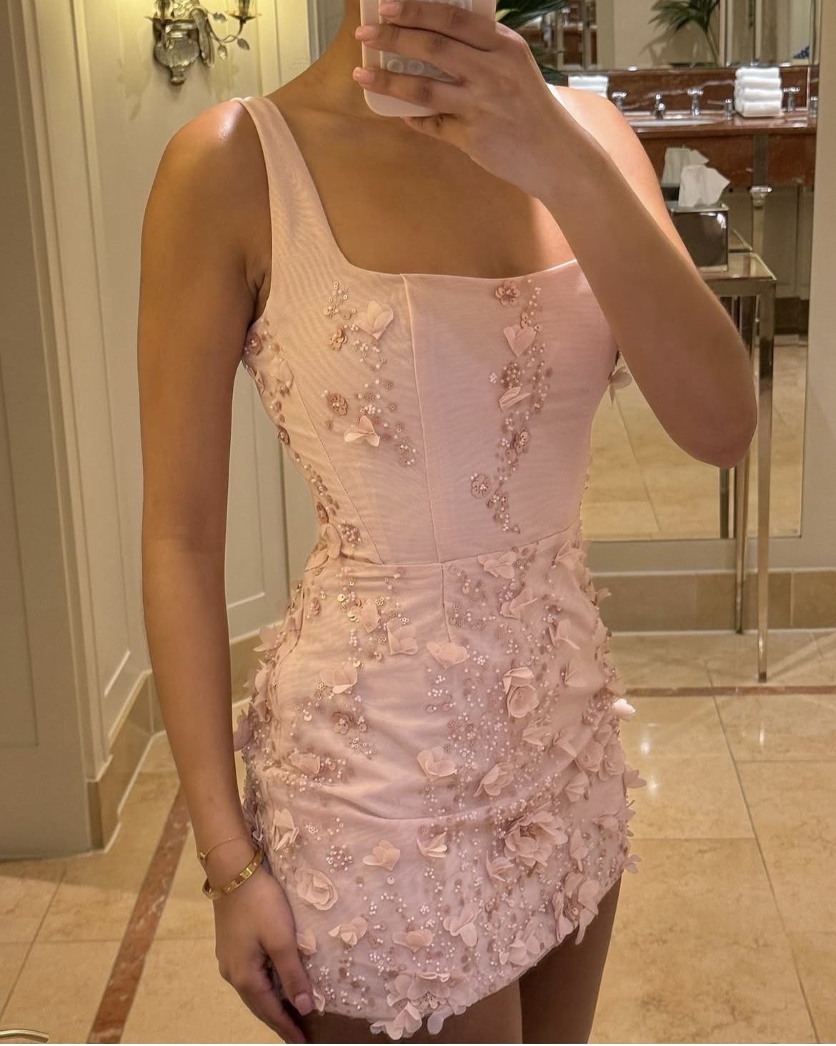 Sweet Pink 3D Floral Square Neck Slim Fit 16th Birthday Homecoming Dress
