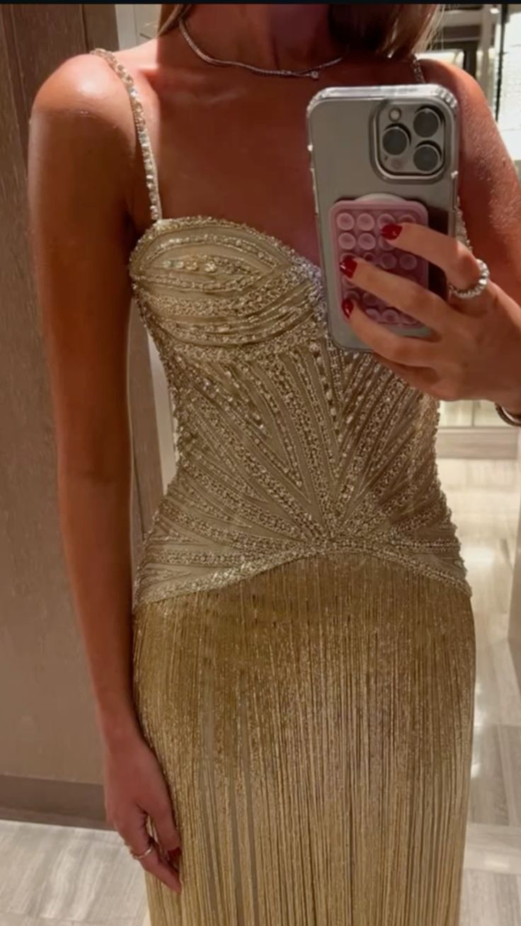 Gorgeous Gold Fitted Spaghetti Strap Sequined Tassel Long Prom Dress Evening Dress