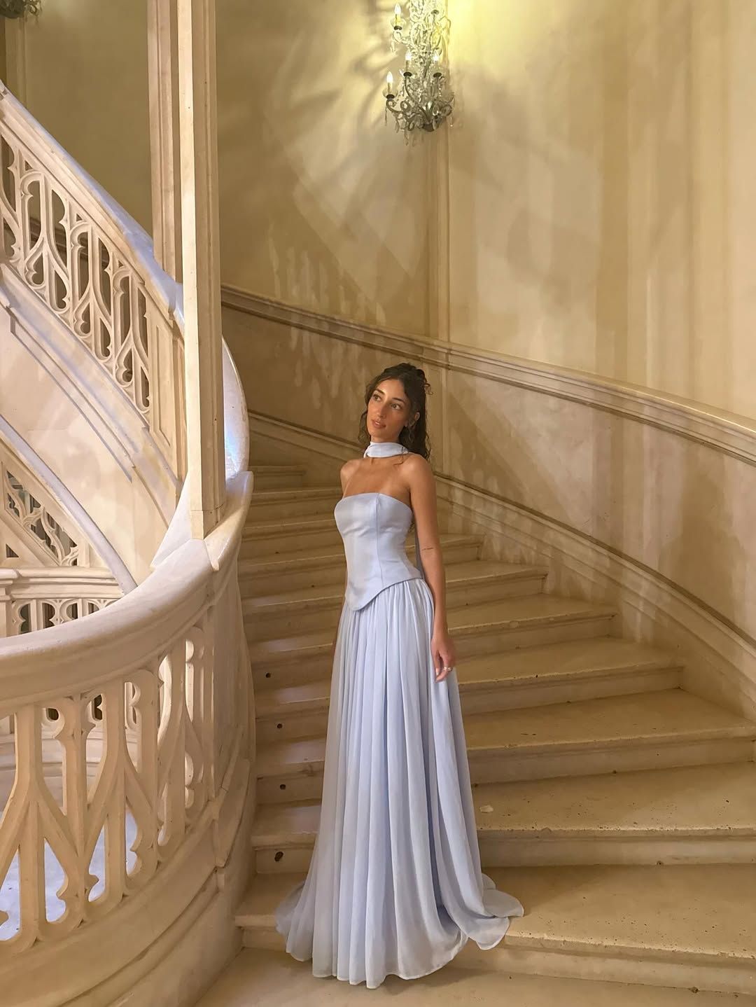 Elegant Blue A-line Strapless Chiffon Long Prom Dress Evening Dress