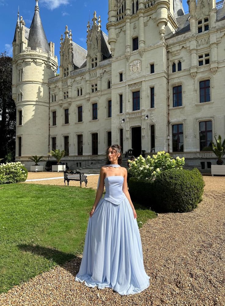 Elegant Blue A-line Strapless Chiffon Long Prom Dress Evening Dress