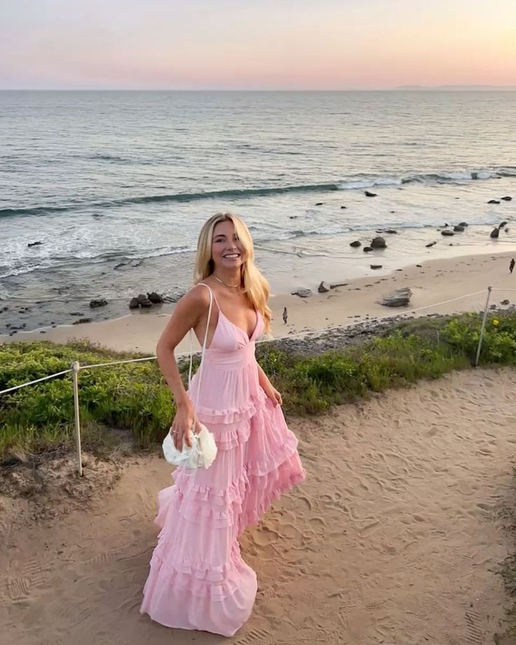Fresh Light Pink A-line Multi-layered Cake Deep V Sling Ruffle Chiffon Long Prom Dress Evening Dress