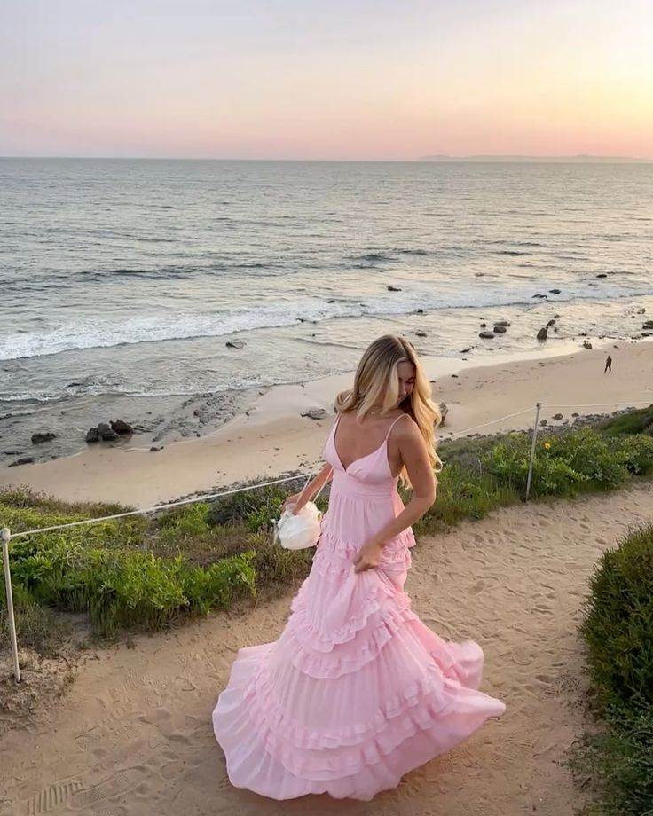 Fresh Light Pink A-line Multi-layered Cake Deep V Sling Ruffle Chiffon Long Prom Dress Evening Dress