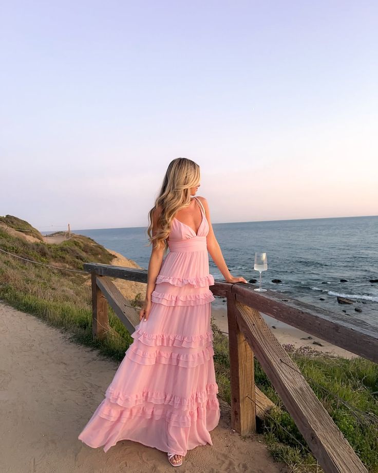 Fresh Light Pink A-line Multi-layered Cake Deep V Sling Ruffle Chiffon Long Prom Dress Evening Dress