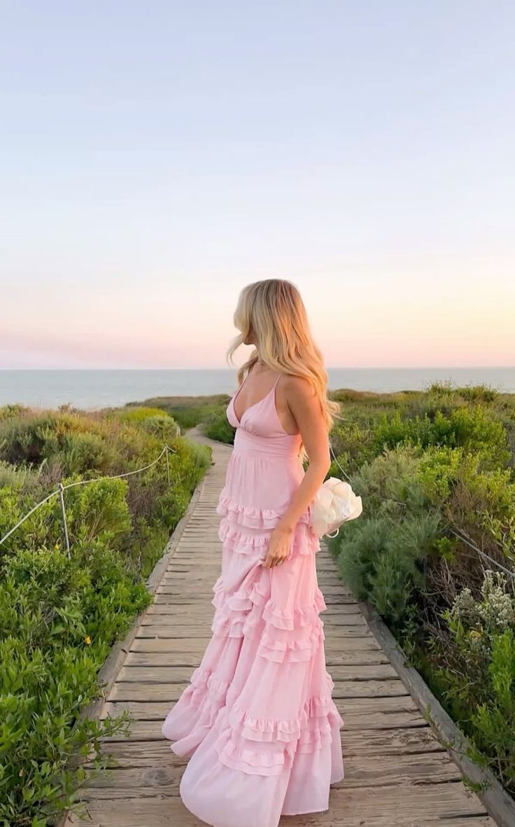 Fresh Light Pink A-line Multi-layered Cake Deep V Sling Ruffle Chiffon Long Prom Dress Evening Dress