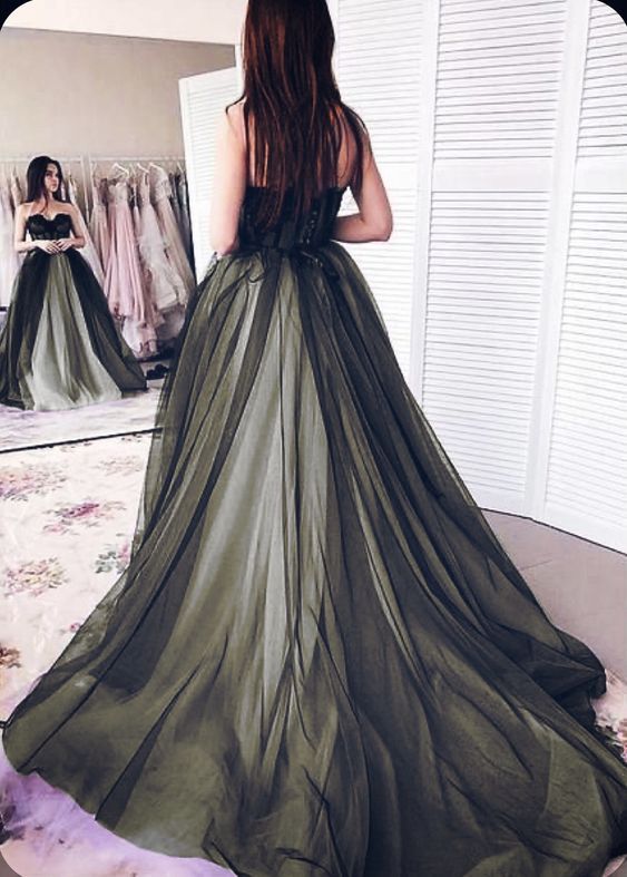 Dark Olive Green A-line Sweetheart Neckline Tulle Train Prom Dress Evening Dress