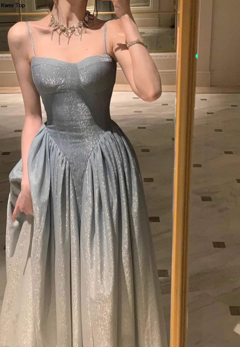 Dreamy Light Blue A-line Spaghetti Strap Sequins Long Prom Dress Evening Dress