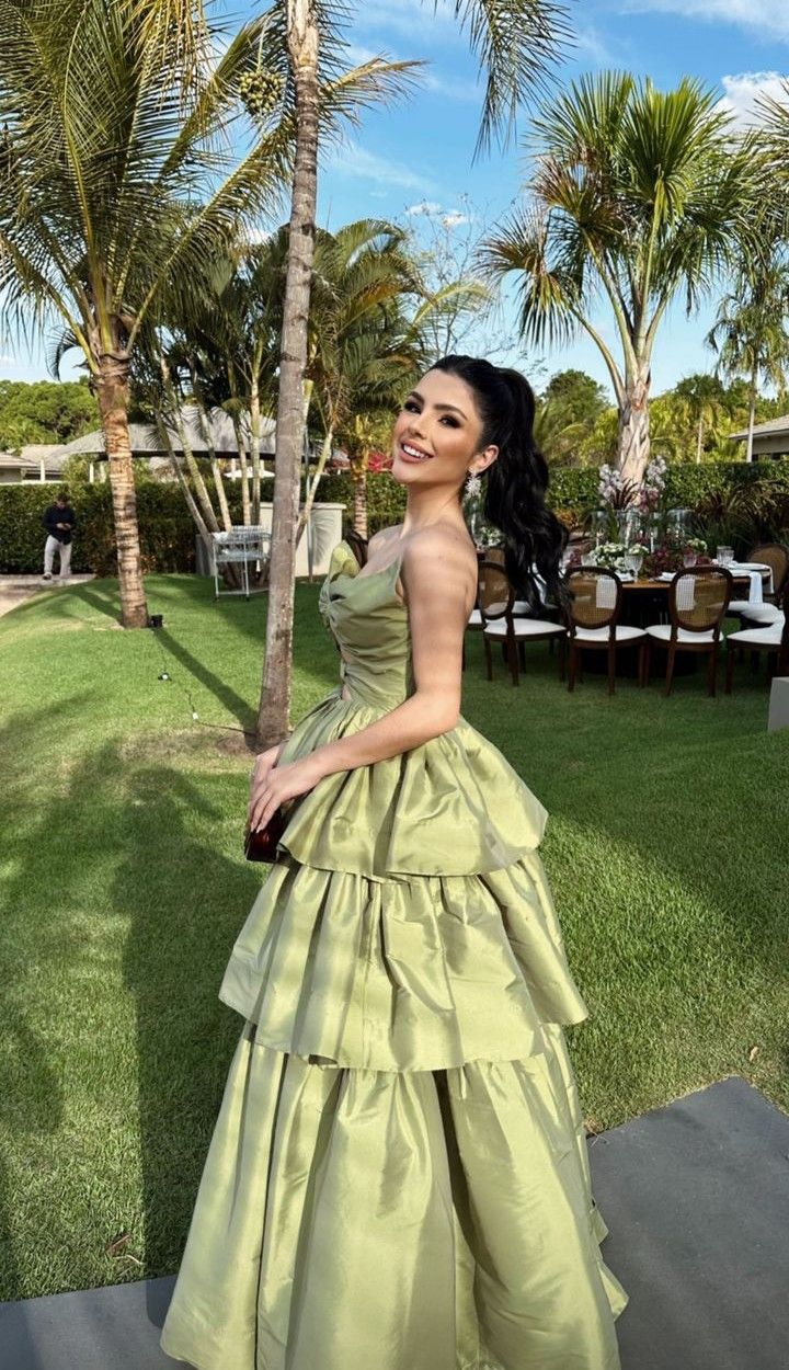 Elegant Green A-line V-neck Multi-Layered Ruffled Satin Long Prom Dress Evening Dress Bridesmaid Dress