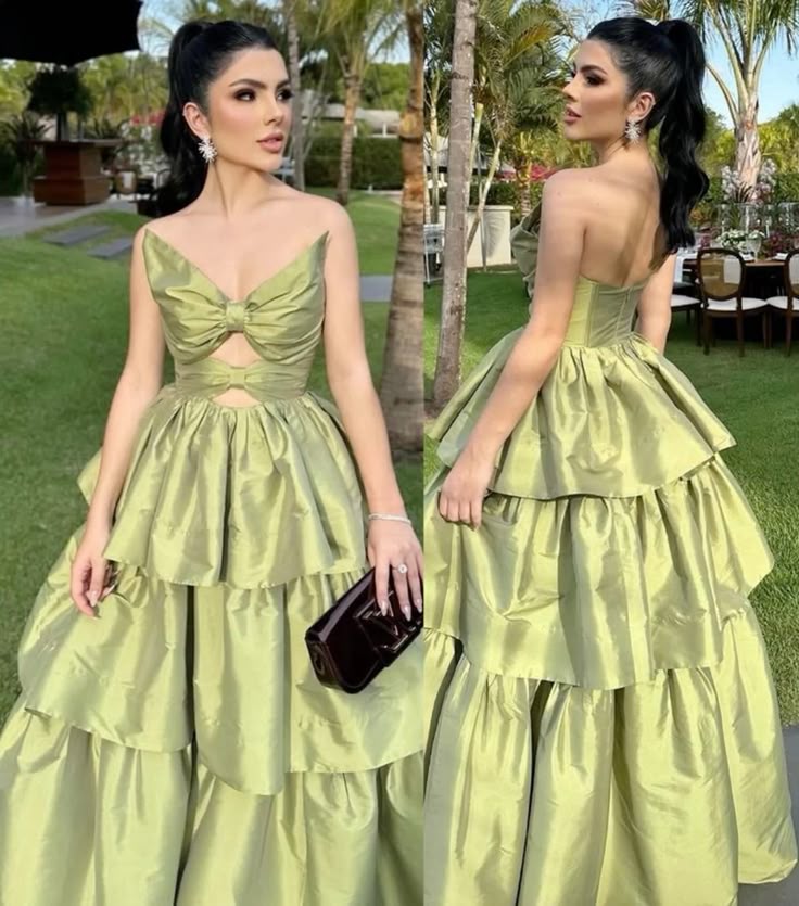 Elegant Green A-line V-neck Multi-Layered Ruffled Satin Long Prom Dress Evening Dress Bridesmaid Dress