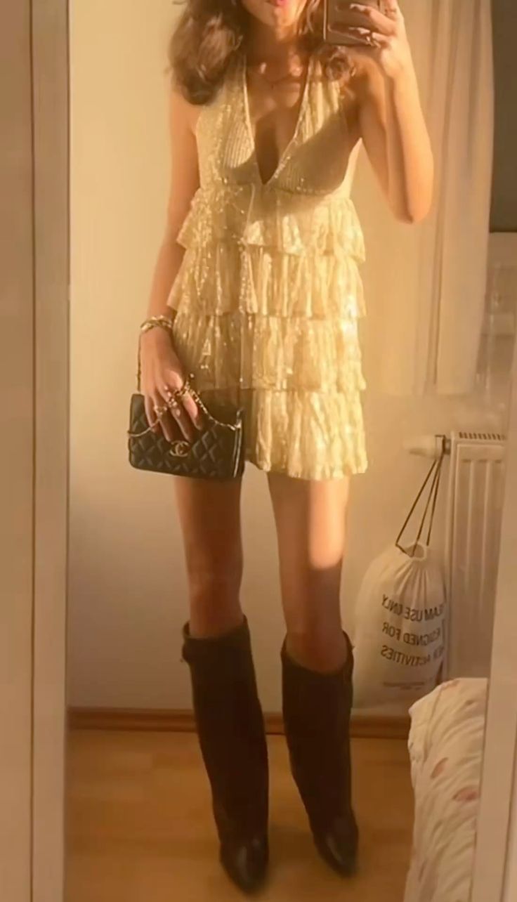 Shining Gold Deep V Sequined Multi-layered Ruffle Skirt Birthday Party Homecoming Dress