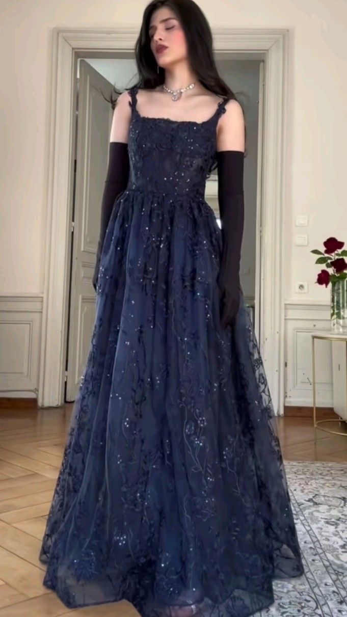 Retro Elegant A-line Navy Blue Square Neck Lace Long Prom Dress Evening Dress
