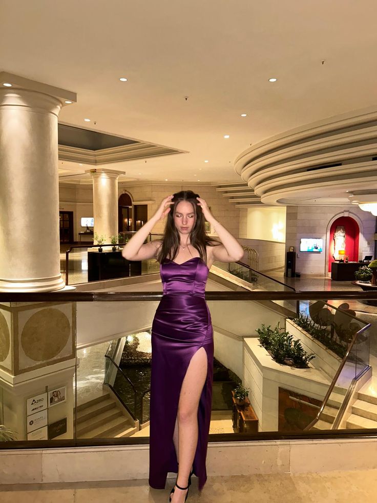 Elegant Purple Fitted High Slit Strapless Satin Long Prom Dress Evening Dress