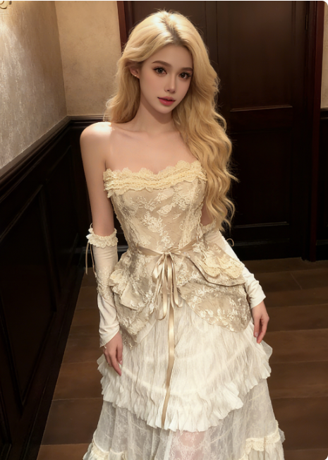 Vintage Off-white A-line Strapless Multi-Layered Ruffled Lace Long Prom Dress Evening Dress