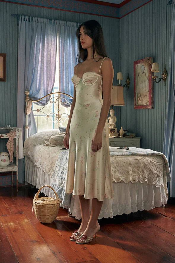 French Retro Ivory Floral Slim Spaghetti Strap Satin Tea-length Prom Dress Evening Dress