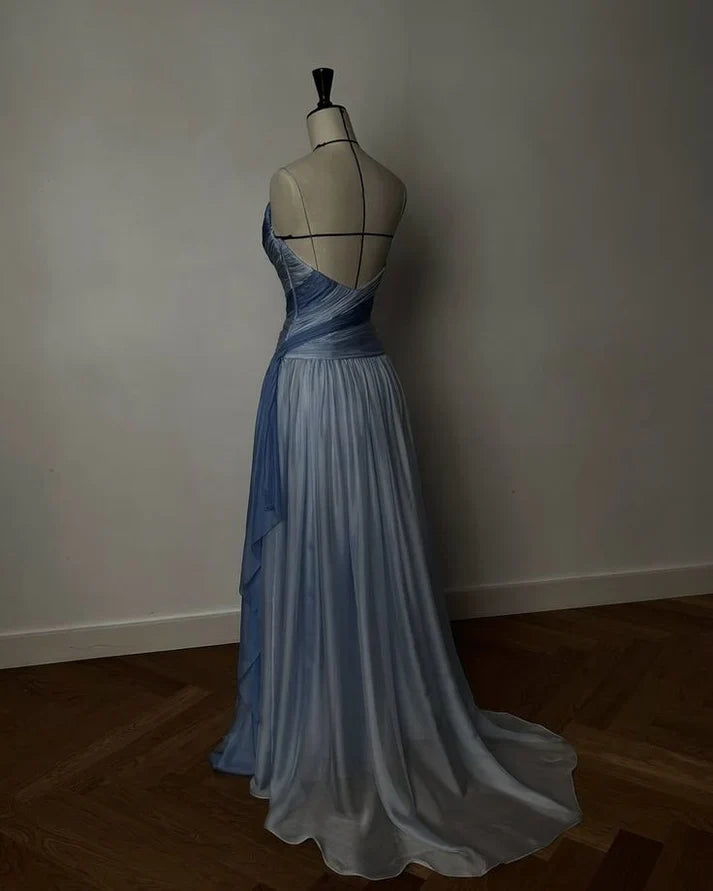 Elegant Blue Gradient A-line V-neck Spaghetti Strap Pleated Tulle Long Prom Dress Evening Dress