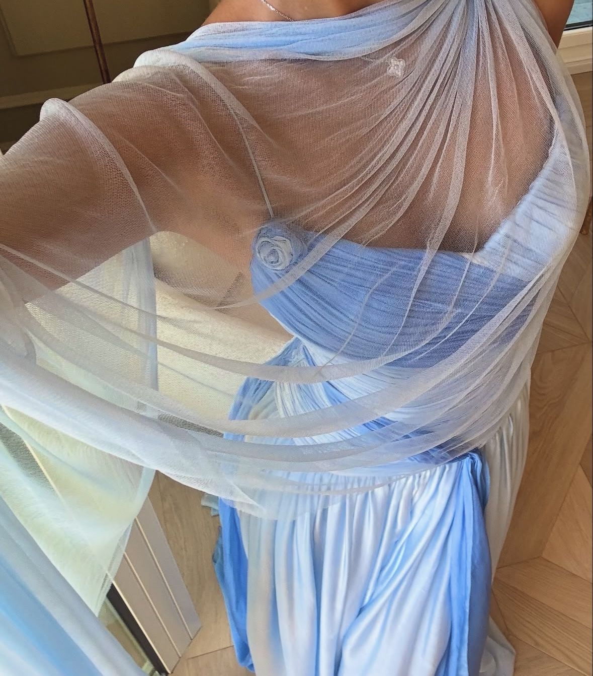 Elegant Blue Gradient A-line V-neck Spaghetti Strap Pleated Tulle Long Prom Dress Evening Dress