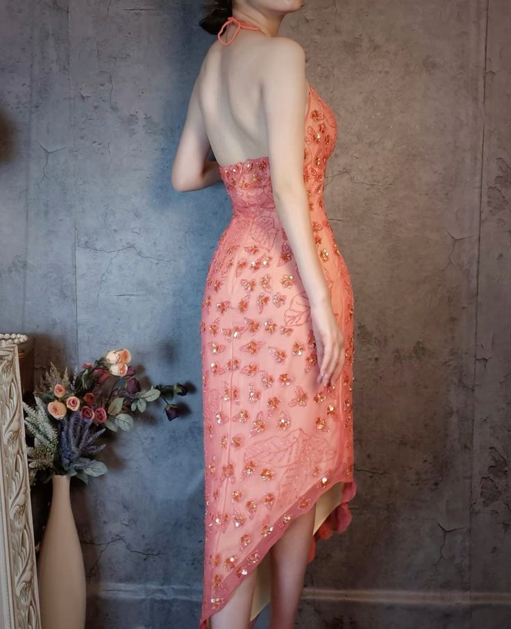 Gorgeous Pink Slim Fit Deep V Halter Neck Open Back Sequin Irregular Skirt Long Prom Dress Evening Dress