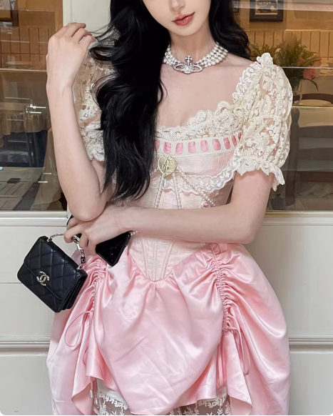Sweet Pink Lace Short Sleeve Herringbone Short A-line 17th Birthday Homecoming Dress