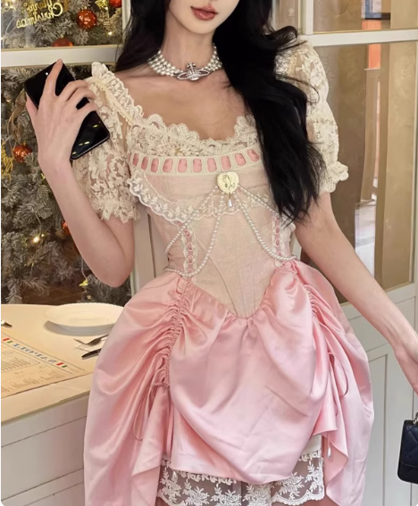 Sweet Pink Lace Short Sleeve Herringbone Short A-line 17th Birthday Homecoming Dress