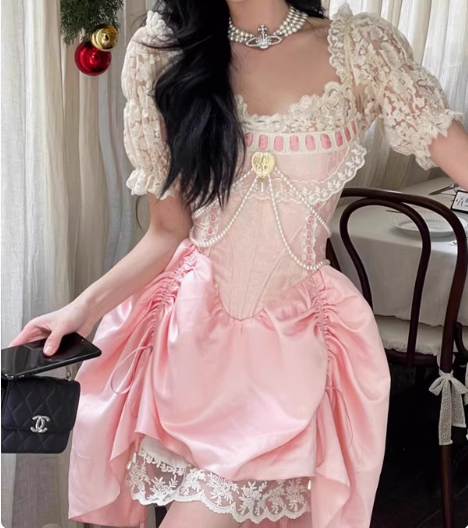 Sweet Pink Lace Short Sleeve Herringbone Short A-line 17th Birthday Homecoming Dress