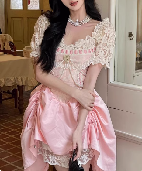 Sweet Pink Lace Short Sleeve Herringbone Short A-line 17th Birthday Homecoming Dress