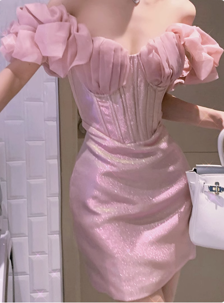 Shiny Pink French Puff Sleeve Herringbone Hip 17th Birthday Homecoming Dress