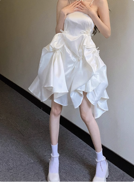 Sweet Satin Tube Top Strap Irregular Puffy Birthday Dress Homecoming Dress