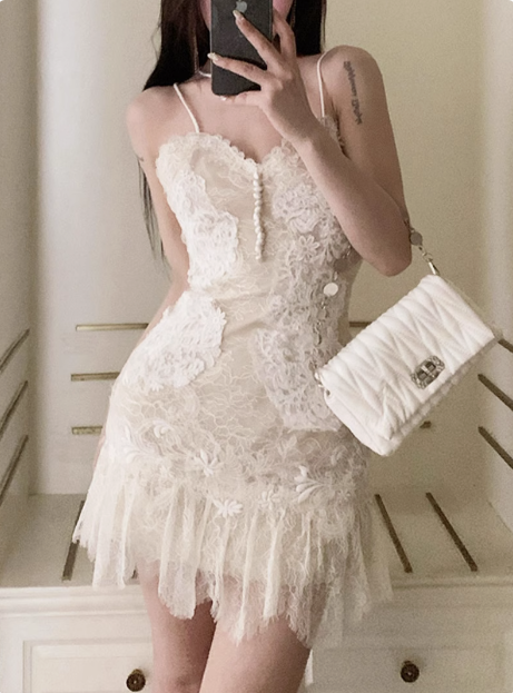 Heavy V-neck White Lace Suspender Birthday Dress Homecoming Dress
