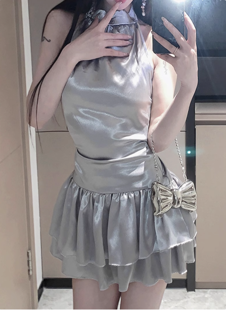 Shiny Silver Halter Neck Sexy Backless Waist Satin Birthday Dress Homecoming Dress