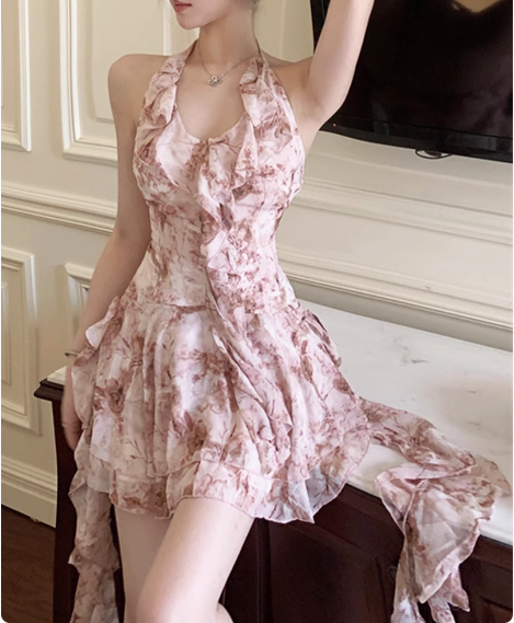 Pretty Pink Floral Halter Neck Chiffon Ruffle 17th Birthday Homecoming Dress