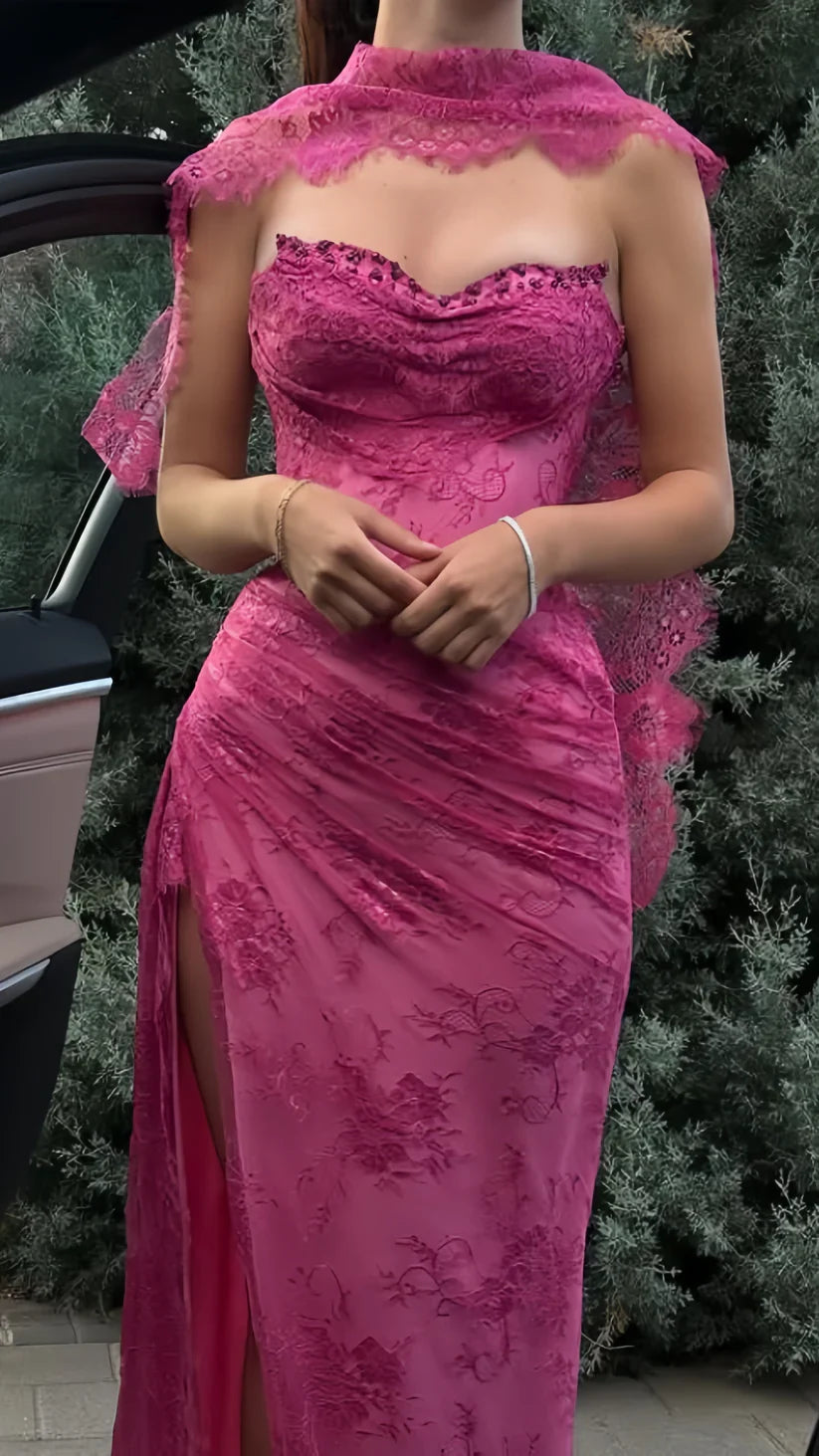Vintage Pink Mermaid Strapless High-Slit Lace Long Prom Dress Evening Dress