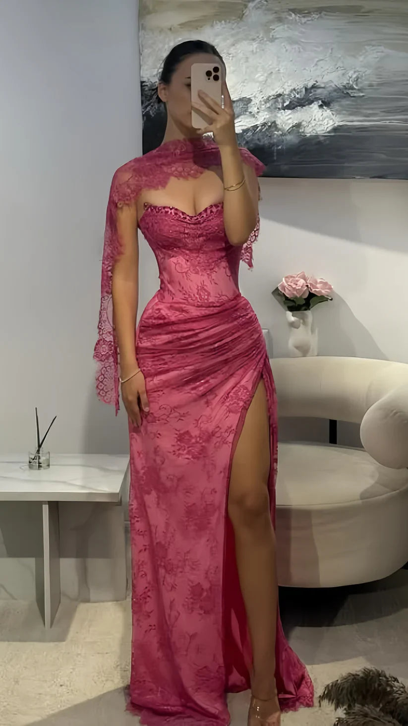 Vintage Pink Mermaid Strapless High-Slit Lace Long Prom Dress Evening Dress