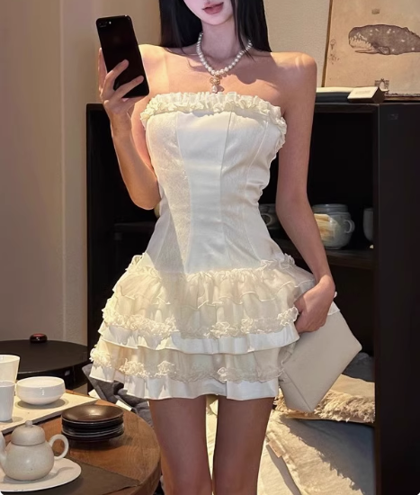 Sweet White Cake Puffy Satin Lace Stitching Tube Top Short Birthday Dress Homecoming Dress